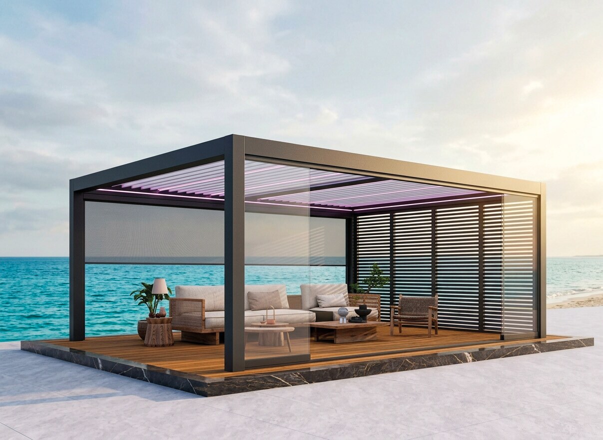 Pergola bioclimatica Agava affacciata sul mare al tramonto